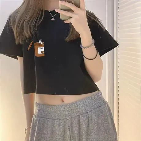 白色仿棉字母短袖T恤女夏2023新款欧货宽松短款上衣小衫打底衫ins商品大图