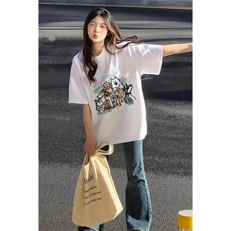 卡通印花纯棉短袖t恤女宽松夏季2023新款小众设计感上衣美式复古商品大图
