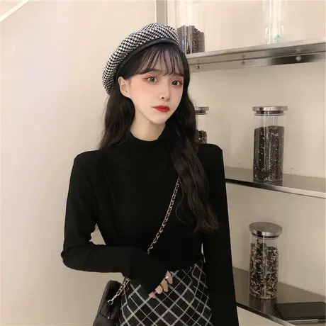半高领纯色加绒打底衫女秋冬新款2022黑色内搭长袖t恤潮牌ins上衣商品大图