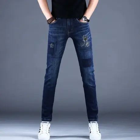 2023新款男士烫钻印花牛仔裤男修身小脚潮牌弹力秋款休闲蓝色裤子商品大图