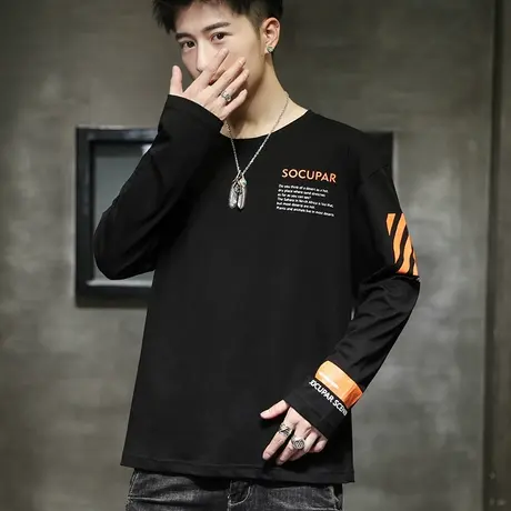 2023新款男装秋季潮牌印花长袖上衣服春秋款高端纯棉黑色圆领T恤商品大图