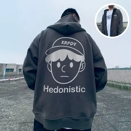 港风加肥加大码男装连帽胖子加绒外套拉链卫衣宽松休闲百搭春秋季商品大图