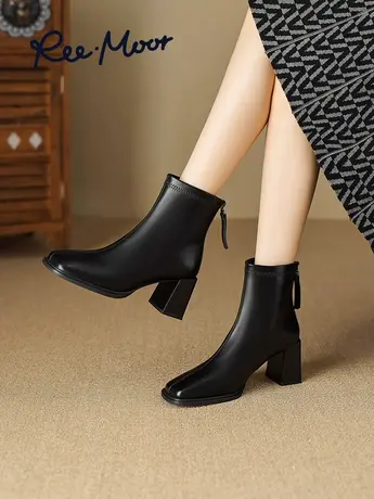 REEMOOR睿慕2023冬季新款法式气质高跟白色短靴女方头粗跟小踝靴图片