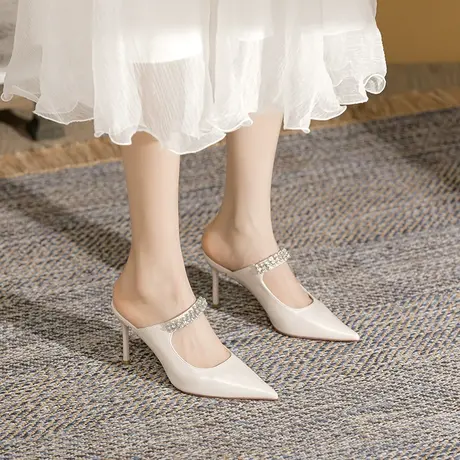 尖头水钻凉鞋女2023夏季新款包头一字带细跟半拖鞋性感漆皮高跟鞋商品大图