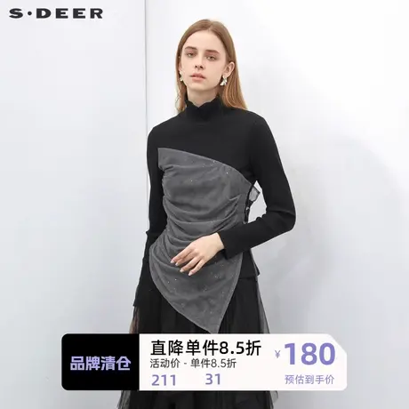 sdeer圣迪奥女装时尚高领撞色网纱系带长袖T恤S223Z0216🗯图片