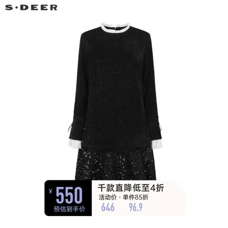 sdeer圣迪奥女装木耳边圆领欧根纱丝绒连衣裙S241Z1244图片
