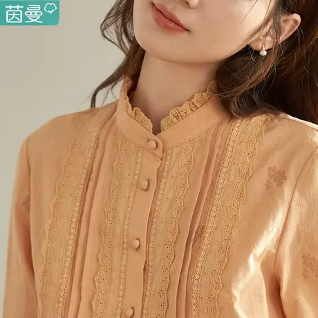 茵曼官方旗舰店2023春女装新款田园花边拼接小立领纯棉衬衫衬衣商品大图