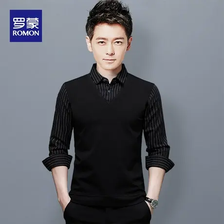 罗蒙男士假两件毛衣春秋季新款时尚条纹打底衫中年衬衫领针织衫男图片