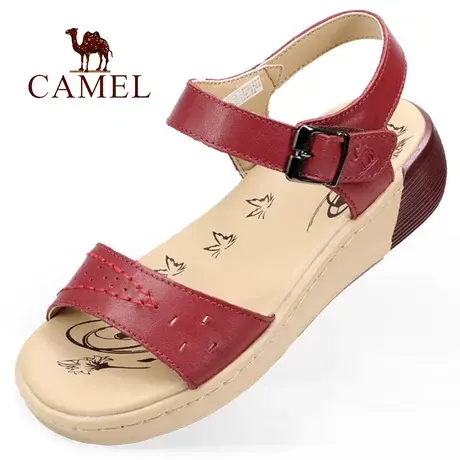 Camel/骆驼夏季中跟真头层牛皮厚底魔术贴坡青年露趾休闲女凉鞋子图片