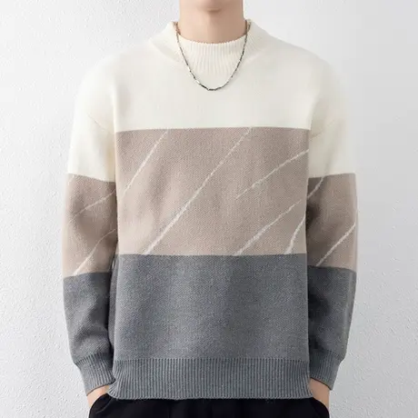 圆领毛衣男秋冬季潮牌拼色套头保暖打底衫休闲毛线衣服针织衫男款商品大图