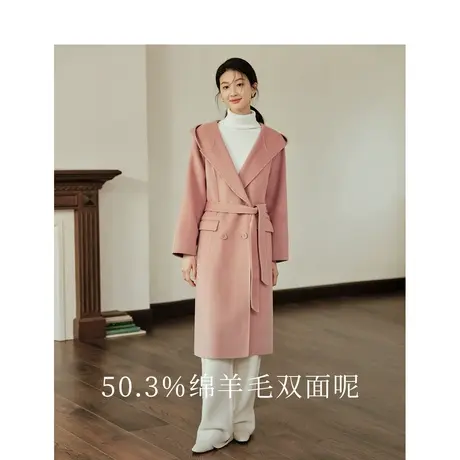 茵曼复古翻驳连帽领双面呢大衣2023冬季女装新款长袖腰带长款外套图片