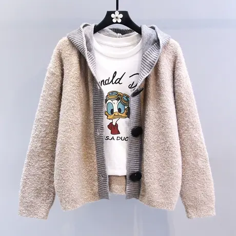 复古慵懒风拼接连帽毛衣外套女秋冬2023新款宽松设计感针织开衫图片