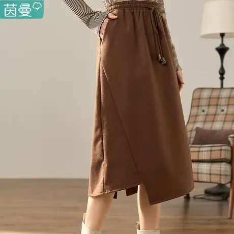 茵曼官方旗舰店毛呢半身裙女秋季新款2023法式高腰长裙A字半裙子图片