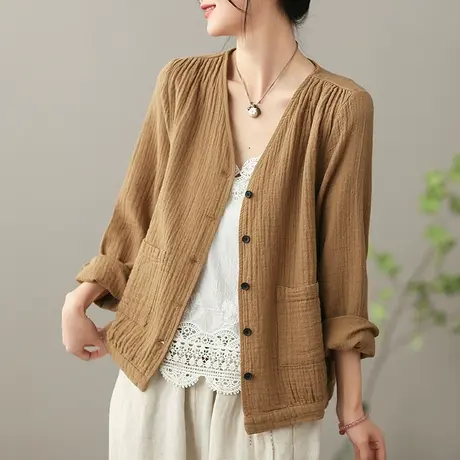 dza复古全棉短外套女士2023春季新款v领外搭开衫纯色休闲宽松上衣图片