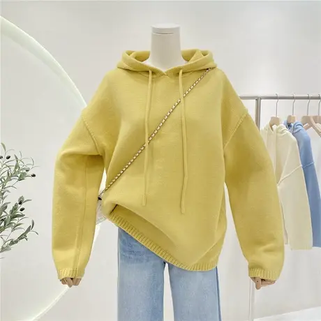 纯色连帽毛衣女秋冬韩版时尚简约宽松显瘦百搭软糯长袖针织衫外套图片
