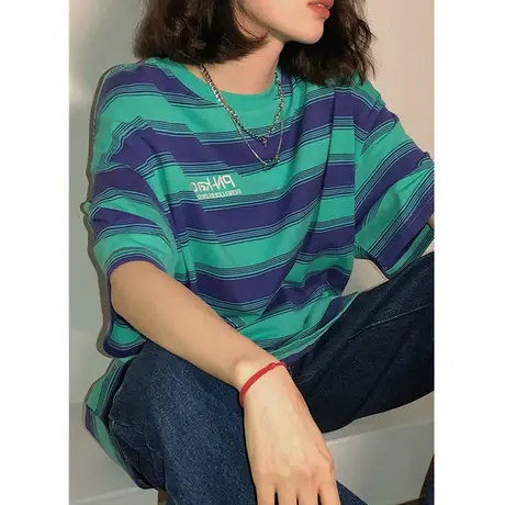 港风复古撞色条纹设计感短袖t恤女夏季新款ins潮bf风半袖宽松上衣商品大图