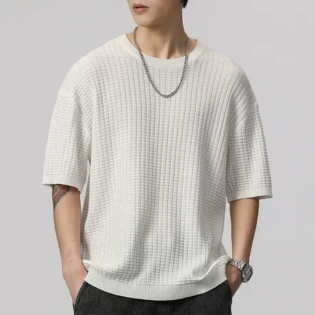 男士白色针织短袖t恤男夏季纯棉美式上衣纯色体恤2023年新款衣服商品大图