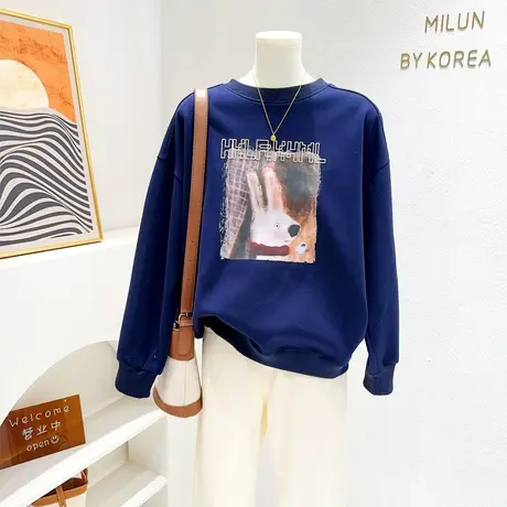 韩国东大门长袖卫衣~2023早秋新款ins油画风兔子圆领上衣微胖显瘦商品大图