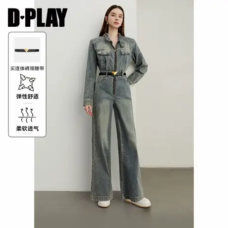 DPLAY2024年冬季新款休闲牛仔蓝色圆领牛仔连体裤长袖长裤女商品大图