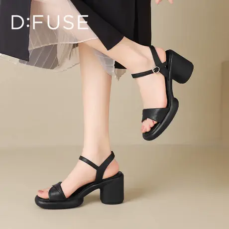 D：Fuse/迪芙斯2025夏季新款黑色一字带高跟鞋百搭凉鞋增高女凉鞋商品大图