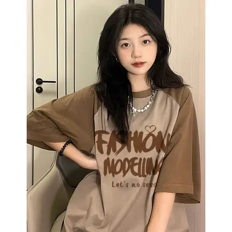 插肩袖t恤女大码oversize美式复古闺蜜装上衣ins潮纯棉拼接短袖夏图片