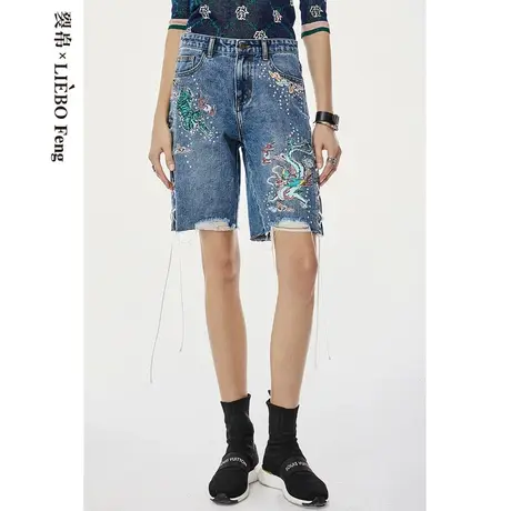 裂帛LIEBOFeng商场同款2023年新款国潮毛边龙纹刺绣牛仔短裤女商品大图