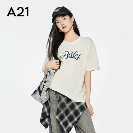 A21女装印花字母宽松落肩袖棉T恤2025夏季新款简约百搭中长款上衣图片