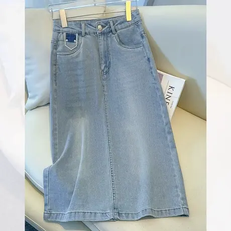 拉夏贝尔复古蓝牛仔半身裙女夏薄款2025新款直筒裙显瘦a字包臀裙商品大图