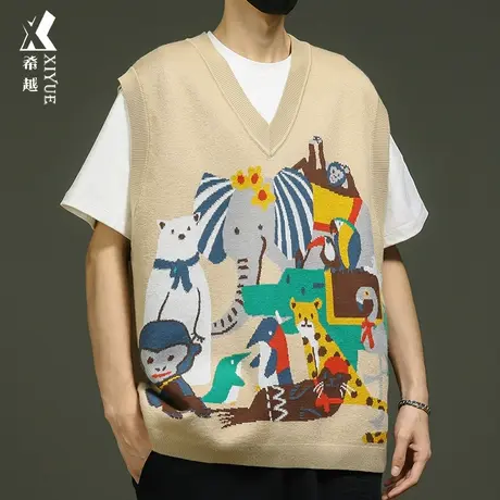 希越500g趣味印花毛衣背心男士秋季宽松大码美式潮牌V领针织马甲商品大图