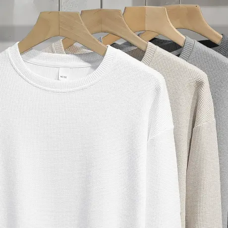 华夫格卫衣男2023新款秋季潮流宽松纯色白色圆领长袖t恤无帽上衣商品大图