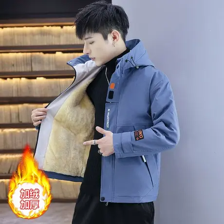 男士加绒夹克秋冬季韩版潮流工装连帽外套百搭休闲帅气潮牌上衣服商品大图