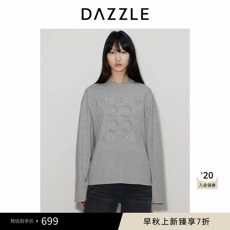 DAZZLE地素奥莱 T恤秋季女装简约圆领字母刺绣长袖上衣图片