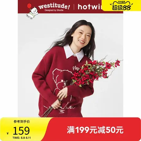 热风2025年春季新款女士新年红色圆领针织衫可爱宽松毛衣女上装商品大图