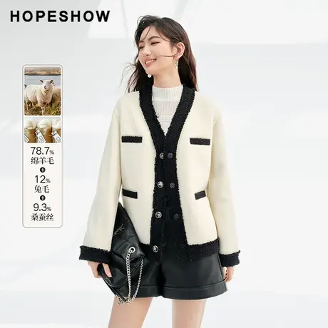 红袖冬季2023新款女装 香风落肩单排扣V领双面呢大衣90123340801商品大图