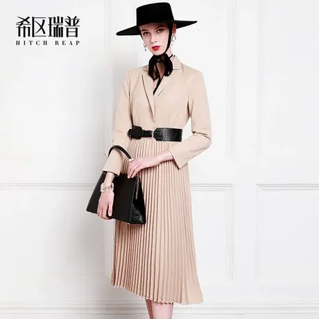 希区瑞普高端西装百褶连衣裙女宴会礼服气质驼色复古法式赫本风图片