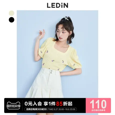 乐町甜美法式浪漫短上衣女休闲夏季新款黑色泡泡袖短袖针织衫商品大图