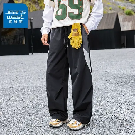N5真维斯男士休闲裤2025新款秋季潮流宽松撞色拼接伞兵裤男款裤子商品大图
