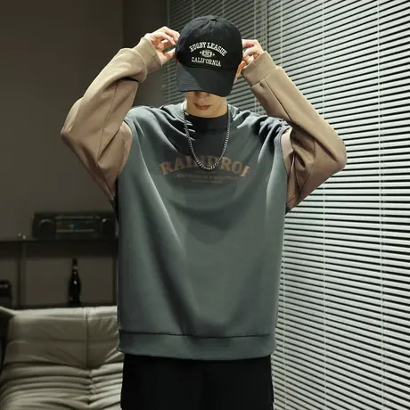 唐狮春秋季新款圆领卫衣男宽松撞色拼接插肩袖青少年上衣潮流TD图片