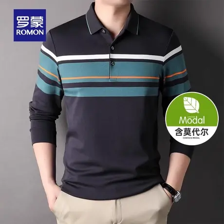 【含莫代尔】罗蒙男士休闲长袖POLO衫2023秋季新款条纹弹力T恤衫图片