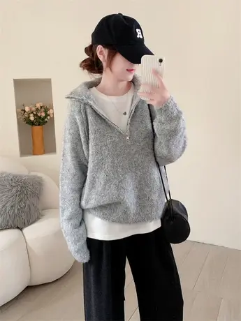 半高领圈圈绒套头毛衣女秋冬2023年新款加厚宽松慵懒风拉链上衣潮图片