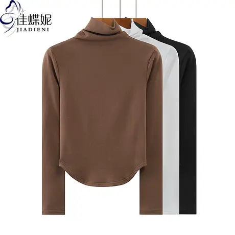 秋冬新款高领保暖修身显瘦纯欲圆弧纯棉纯色长袖体恤上衣女打底衫商品大图