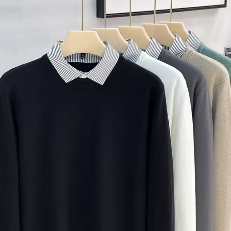 衬衫领假两件毛衣男士秋冬款2023新款打底衫保暖冬季男士针织衫潮商品大图