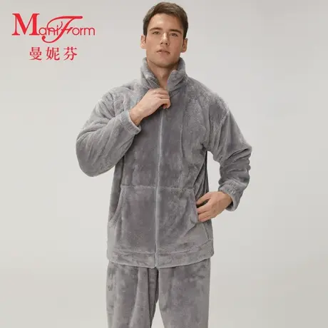 曼妮芬男士法兰绒休闲简约舒适暖绒家居服长袖长裤套装睡衣起居服商品大图