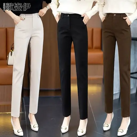 毛呢裤子女秋冬2023新款高腰哈伦裤宽松显瘦小脚裤百搭休闲西装裤图片