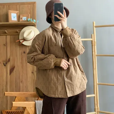 dza 复古设计感polo领短款棉衣外套女冬宽松休闲衬衫棉服棉袄上衣图片