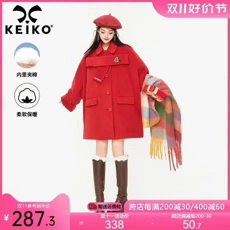 KEIKO [夹棉] 圣诞系列红色毛呢外套女冬季新年高级感中长款大衣商品大图