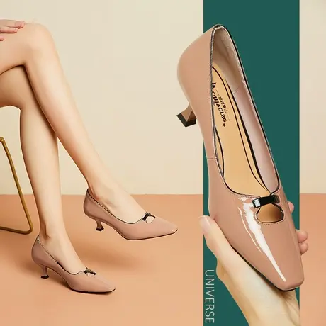 单鞋春款裸色5cm 春款全皮软底女鞋防滑细跟中跟方头浅口皮鞋商品大图