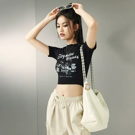 yep美式复古短袖t恤女2023夏季新款紧身上衣短款设计感小众短款潮图片