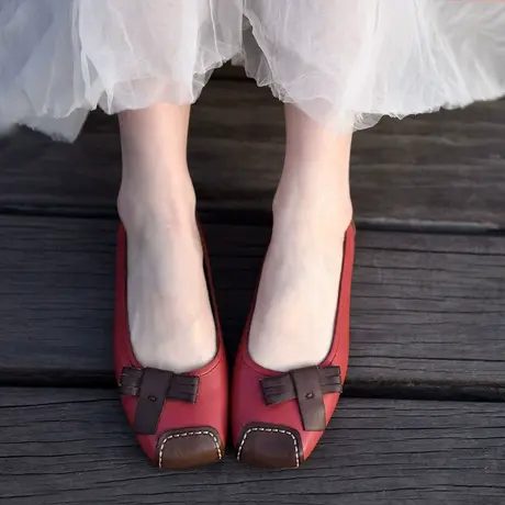 Artmu阿木原创复古真皮浅口单鞋女平底蝴蝶结软底豆豆鞋2023新款商品大图