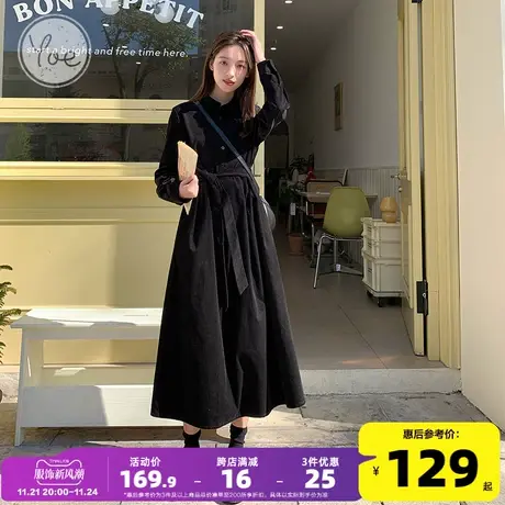 yoe灯芯绒黑色连衣裙女小个子长裙腰带气质裙子休闲复古内搭女装商品大图